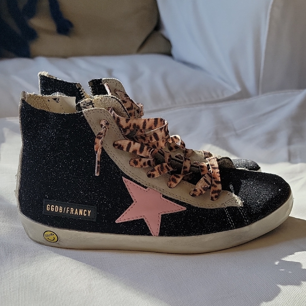 Golden Goose Kids Glitter Black Sneakers with Pink Star
